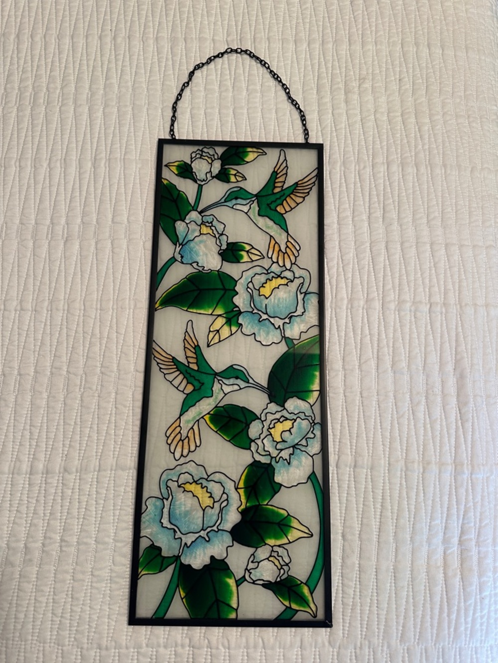 Green Hummingbird Floral Stained-Glass Wall Art Panel
